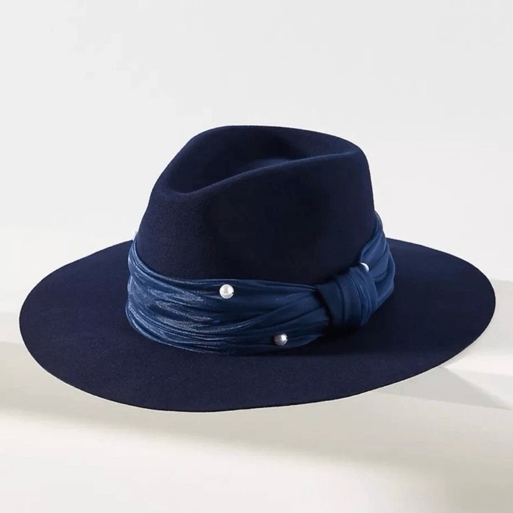 New Lele Sadoughi Farrah Wool Pearl Navy Blue Rancher Hat OSFM $150